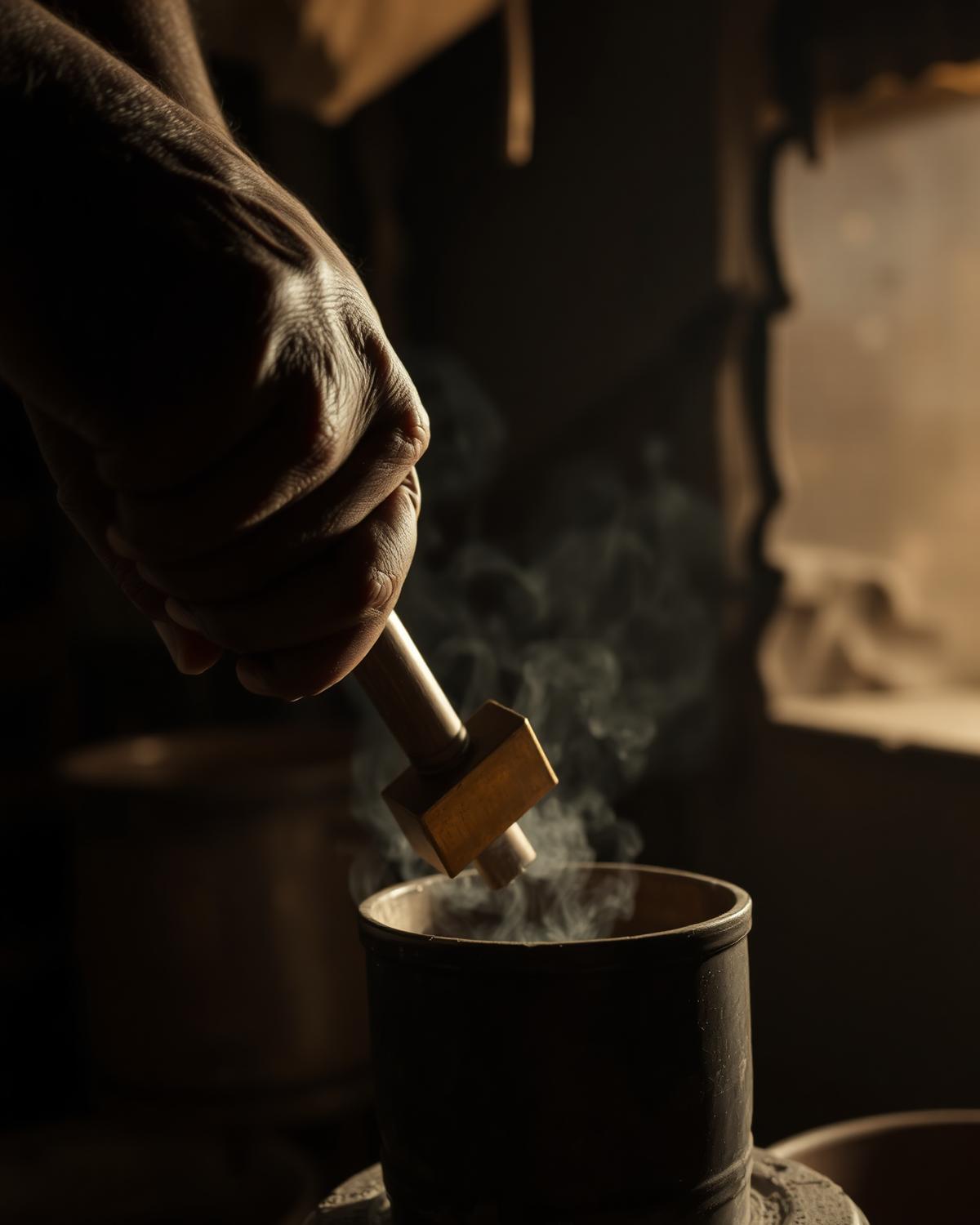 Artisan hands hammering copper in a traditional workshop