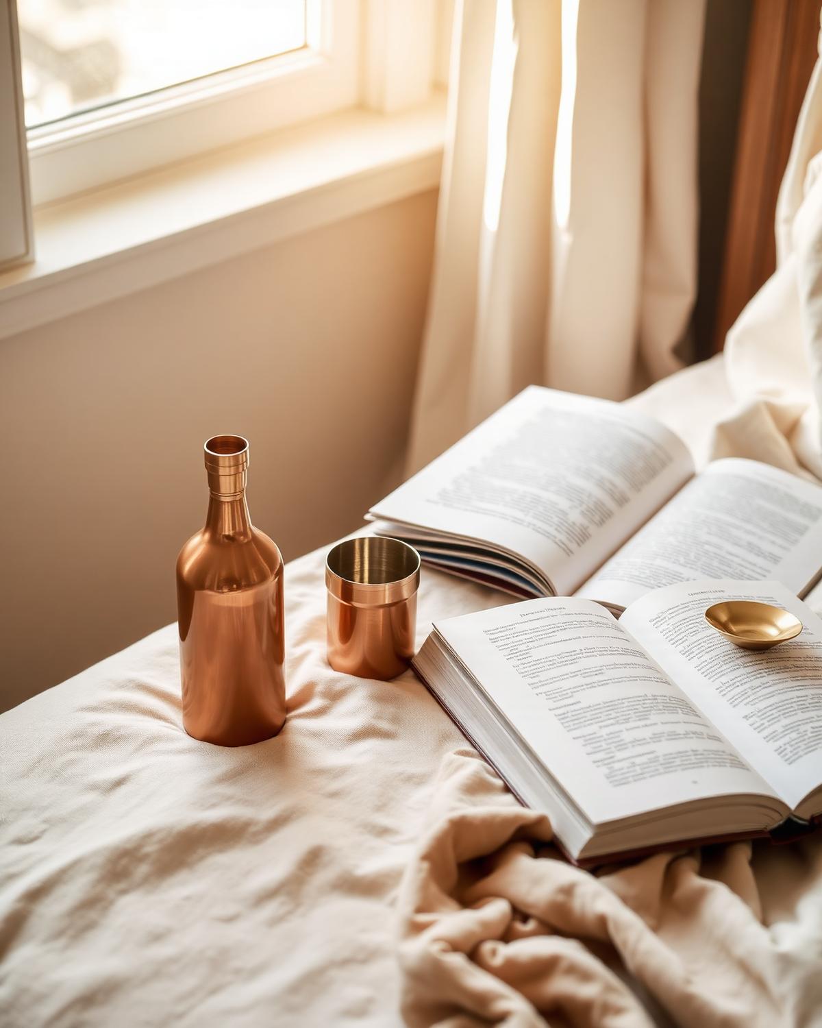 Morning ritual — copper bottle by a window