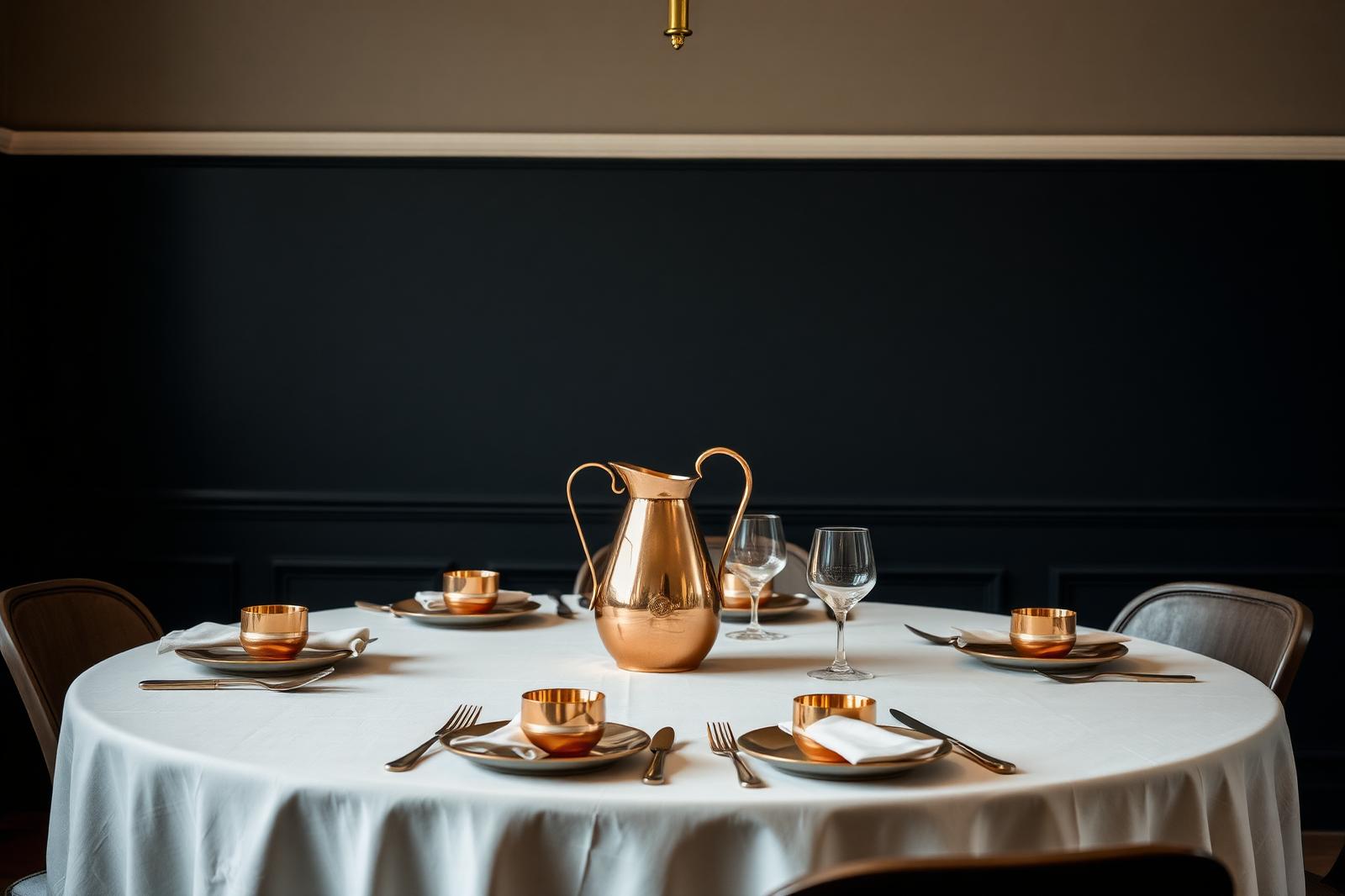 Copper pitcher at a refined dining table